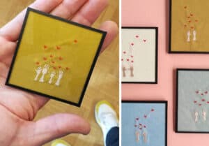 Schilderijtjes in verschillende kleuren met geborduurde hartjes